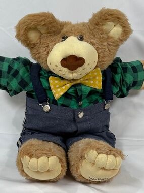 Vintage Furskins Farrell Bear Plush 20” Dressed Overalls Plaid Shirt Cottagecore